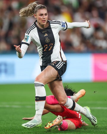 Photo for Jule Brand #22 of Germany is tackled by Kim Hye-ri #20 of South Korea during the FIFA Women's World Cup 2023 Group H South Korea Women vs Germany Women at Adelaide Oval, Adelaide, Australia, 3rd August 2023 - Royalty Free Image