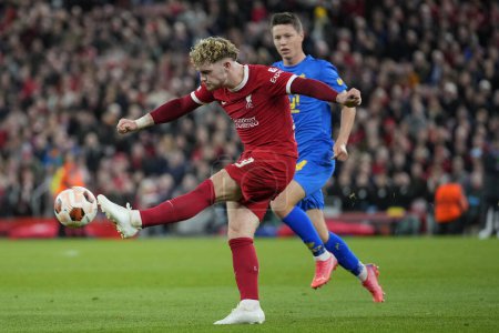 Photo for Harvey Elliott #19 of Liverpool clears the ball during the UEFA Europa League match Liverpool vs Union Saint-Gilloise at Anfield, Liverpool, United Kingdom, 5th October 202 - Royalty Free Image