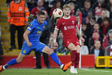 Photo for Harvey Elliott #19 of Liverpool crosses the ball during the UEFA Europa League match Liverpool vs Union Saint-Gilloise at Anfield, Liverpool, United Kingdom, 5th October 202 - Royalty Free Image