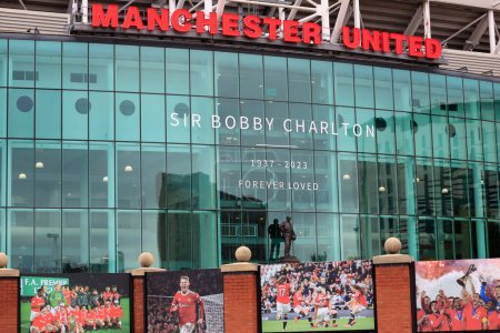 Photo for Tributes to the late Sir Bobby Charlton outside of Old Trafford, Manchester, United Kingdom, 30th October 2023 - Royalty Free Image
