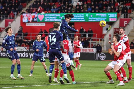 Photo for Pascal Struijk #21 of Leeds United heads just wide of the post during the Sky Bet Championship match Rotherham United vs Leeds United at New York Stadium, Rotherham, United Kingdom, 24th November 2023 - Royalty Free Image