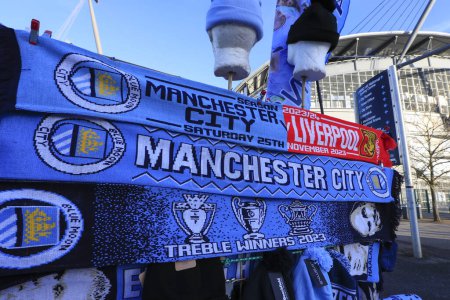 Photo for Match day scarves for sale ahead of the Premier League match Manchester City vs Liverpool at Etihad Stadium, Manchester, United Kingdom, 25th November 2023 - Royalty Free Image