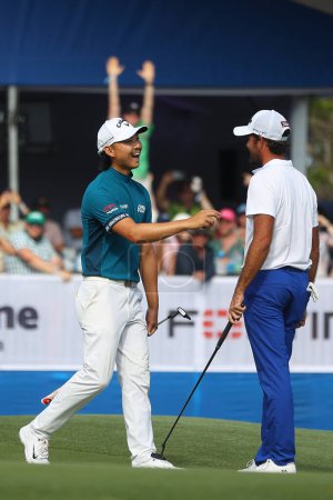 Téléchargez les photos : Min Woo Lee d'Australie réagit lors du championnat australien Fortinet PGA au Royal Queensland Golf Club, Brisbane, Australie, 26 novembre 2023 - en image libre de droit