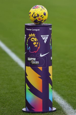 Photo for The Nike Flight Premier League match ball on a Premier League Rainbow Laces podium during the Premier League match Liverpool vs Fulham at Anfield, Liverpool, United Kingdom, 3rd December 2023 - Royalty Free Image