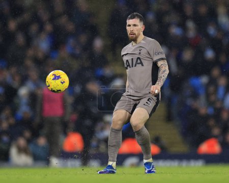 Photo for Pierre-Emile Hojbjerg #5 of Tottenham Hotspur passes the ball during the Premier League match Manchester City vs Tottenham Hotspur at Etihad Stadium, Manchester, United Kingdom, 3rd December 2023 - Royalty Free Image