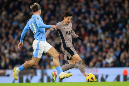 Photo for Son Heung-Min #7 of Tottenham Hotspur in action during the Premier League match Manchester City vs Tottenham Hotspur at Etihad Stadium, Manchester, United Kingdom, 3rd December 2023 - Royalty Free Image