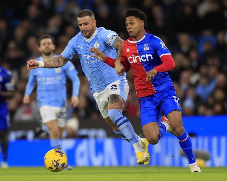 Photo for Matheus Franca #11 of Crystal Palace and Kyle Walker #2 of Manchester City chase for the ball during the Premier League match Manchester City vs Crystal Palace at Etihad Stadium, Manchester, United Kingdom, 16th December 202 - Royalty Free Image