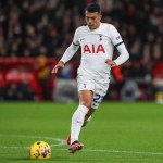 Pedro Porro #23 of Tottenham Hotspur with the ball during the Premier League match Nottingham Forest vs Tottenham Hotspur at City Ground, Nottingham, United Kingdom, 15th December 202