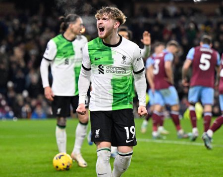 Photo for Harvey Elliott 19# of Liverpool Football Club celebrates his goal which is late ruled out for offside, during the Premier League match Burnley vs Liverpool at Turf Moor, Burnley, United Kingdom, 26th December 202 - Royalty Free Image