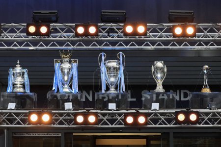 Photo for Manchester City display their five trophies for he fans ahead of the Premier League match Manchester City vs Sheffield United at Etihad Stadium, Manchester, United Kingdom, 30th December 202 - Royalty Free Image