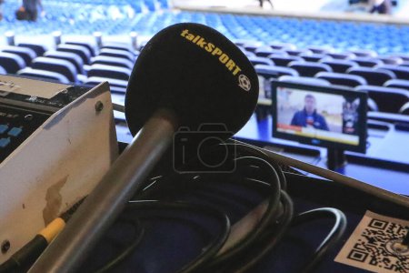 Photo for TalkSport microphone ahead of the Emirates FA Cup Third Round match Manchester City vs Huddersfield Town at Etihad Stadium, Manchester, United Kingdom, 7th January 202 - Royalty Free Image