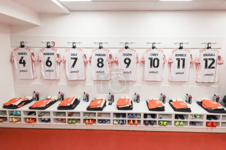 Photo for Blackpool shirts in the away dressing room during the Emirates FA Cup Third Round match Nottingham Forest vs Blackpool at City Ground, Nottingham, United Kingdom, 7th January 202 - Royalty Free Image