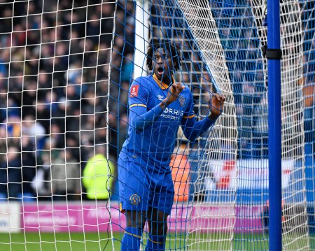 Photo for Tunmise Sobowale of Shrewsbury Town reacts to missing an opportunity for Shrewsbury, during the Emirates FA Cup Third Round match Shrewsbury Town vs Wrexham at Croud Meadow, Shrewsbury, United Kingdom, 7th January 202 - Royalty Free Image