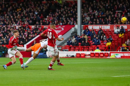 Photo for Jordan Lawrence-Gabriel of Blackpool scores to make it 1-0 during the Emirates FA Cup Third Round match Nottingham Forest vs Blackpool at City Ground, Nottingham, United Kingdom, 7th January 202 - Royalty Free Image