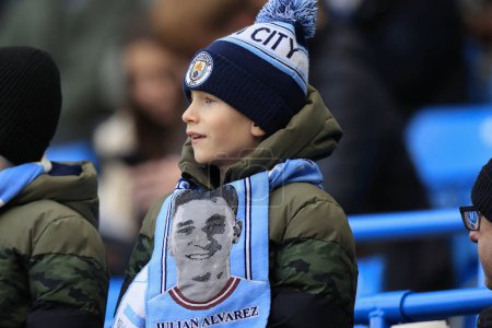 Photo for Young City fan during the FA Cup Third Round match Manchester City vs Huddersfield Town at Etihad Stadium, Manchester, United Kingdom, 7th January 202 - Royalty Free Image