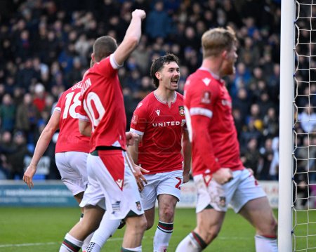 Photo for Thomas O'Connor of Wrexham celebrates his goal and the opening goal of the match to make it 0-1 Wrexham, during the Emirates FA Cup Third Round match Shrewsbury Town vs Wrexham at Croud Meadow, Shrewsbury, United Kingdom, 7th January 202 - Royalty Free Image