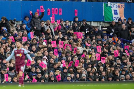 Photo for Everton fans protest against the Premier League as the hold up corrupt posters during the Premier League match Everton vs Aston Villa at Goodison Park, Liverpool, United Kingdom, 14th January 2024 - Royalty Free Image