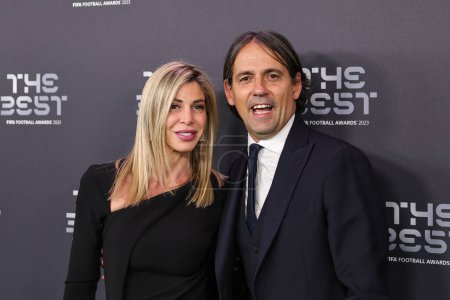 Photo for Simone Inzaghi and Gaia Lucariello arrive on the Green Carpet ahead of The Best FIFA Football Awards 2023 at Apollo Theatre, London, United Kingdom, 15th January 2024 - Royalty Free Image
