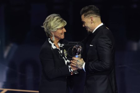 Photo for Winner of The Best FIFA Men's Goalkeeper 2023 Ederson receives his trophy during The Best FIFA Football Awards 2023 at Eventim Apollo, London, United Kingdom, 15th January 2024 - Royalty Free Image