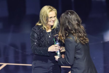 Photo for Sarina Wiegman receives the trophy for winning  The Best FIFA Women's Coach 2023 during The Best FIFA Football Awards 2023 at Eventim Apollo, London, United Kingdom, 15th January 2024 - Royalty Free Image