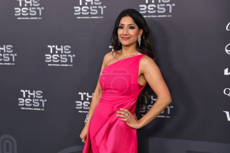 Photo for Reshmin Chowdhury arrives on the Green Carpet ahead of The Best FIFA Football Awards 2023 at Apollo Theatre, London, United Kingdom, 15th January 2024 - Royalty Free Image