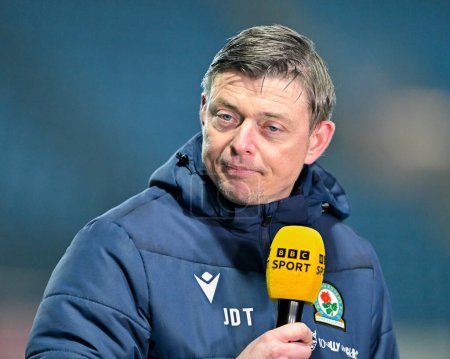 Photo for Jon Dahl Tomasson manager of Blackburn Rovers speaks with the BBC post match, during the Emirates FA Cup Fourth Round match Blackburn Rovers vs Wrexham at Ewood Park, Blackburn, United Kingdom, 29th January 202 - Royalty Free Image