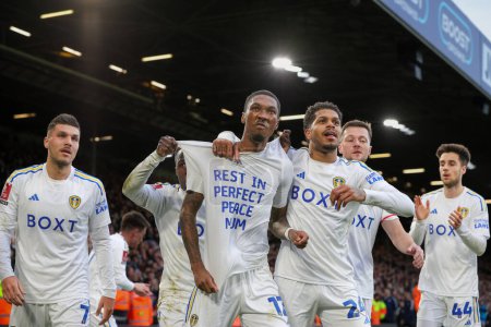 Photo for Jaidon Anthony of Leeds United celebrates his goal with his team mates and a message to his mum reading rest in perfect peace mum during the Emirates FA Cup  Fourth Round match Leeds United vs Plymouth Argyle at Elland Road, Leeds, United Kingdom - Royalty Free Image