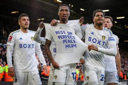 Photo for Jaidon Anthony of Leeds United celebrates his goal with a message to his mum reading rest in perfect peace mum and makes the score 1-0 during the Emirates FA Cup  Fourth Round match Leeds United vs Plymouth Argyle at Elland Road, Leeds, UK - Royalty Free Image