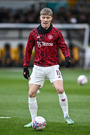 Photo for Rasmus Hjlund of Manchester United during the pre-game warmup ahead of the Emirates FA Cup Fourth Round match Newport County vs Manchester United at Rodney Parade, Newport, United Kingdom, 28th January 2024 - Royalty Free Image