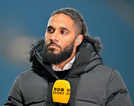 Photo for Former Wales captain Ashley Williams speaks with the BBC ahead of kick off, during the Emirates FA Cup Fourth Round match Blackburn Rovers vs Wrexham at Ewood Park, Blackburn, United Kingdom, 29th January 202 - Royalty Free Image