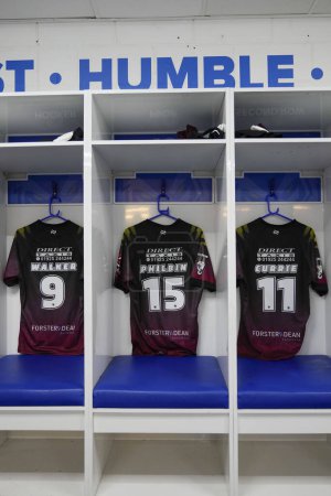 Photo for The Joe Philbin Testimonial shirt hung in the changing room before the Rugby League Joe Philbin Testimonial match Warrington Wolves vs Leigh Leopards at Halliwell Jones Stadium, Warrington, United Kingdom, 3rd February 202 - Royalty Free Image