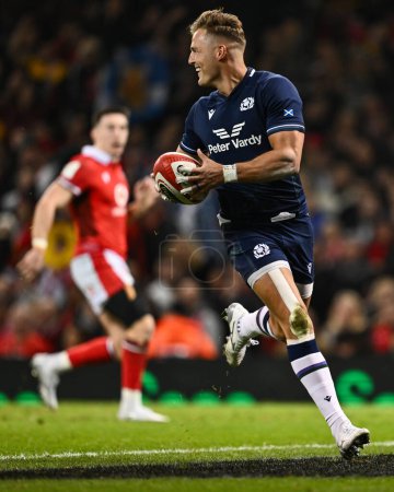 Photo for Duhan van der Merwe of Scotland goes over for a try during the 2024 Guinness 6 Nations match Wales vs Scotland at Principality Stadium, Cardiff, United Kingdom, 3rd February 202 - Royalty Free Image