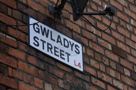 Photo for Gwladys Street sign outside the stadium ahead of the Premier League match Everton vs Tottenham Hotspur at Goodison Park, Liverpool, United Kingdom, 3rd February 202 - Royalty Free Image