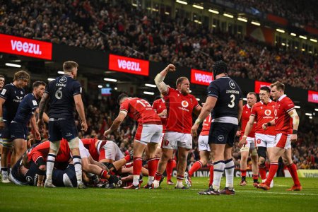 Photo for James Botham of Wales goes over for a try during the 2024 Guinness 6 Nations match Wales vs Scotland at Principality Stadium, Cardiff, United Kingdom, 3rd February 202 - Royalty Free Image