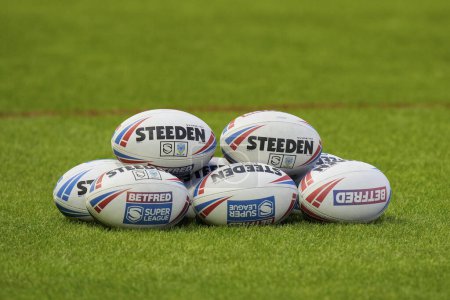 Photo for General view of Steven Rugby Balls baring Warrington Wolves, BetFred and Super League logos before the Rugby League Joe Philbin Testimonial match Warrington Wolves vs Leigh Leopards at Halliwell Jones Stadium, Warrington, United Kingdom, 3rd February - Royalty Free Image