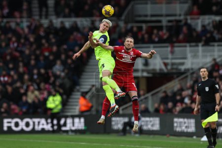 Photo for Leo Hjelde of Sunderland jumps up to win the high ball from Luke Ayling of Middlesbrough during the Sky Bet Championship match Middlesbrough vs Sunderland at Riverside Stadium, Middlesbrough, United Kingdom, 4th February 202 - Royalty Free Image