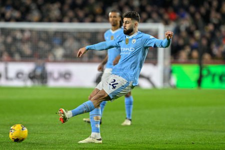 Photo for Joko Gvardiol of Manchester City passes the ball during the Premier League match Brentford vs Manchester City at The Gtech Community Stadium, London, United Kingdom, 5th February 2024 - Royalty Free Image