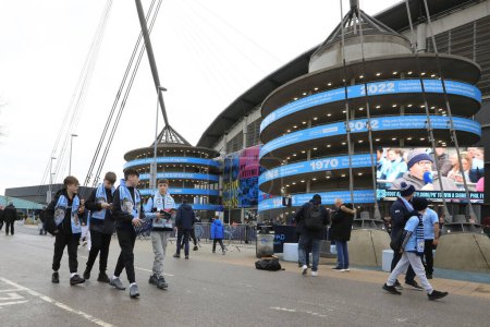 Photo for City fans gather ahead of the Premier League match Manchester City vs Everton at Etihad Stadium, Manchester, United Kingdom, 10th February 202 - Royalty Free Image
