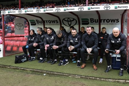 Photo for Neill Collins Head coach of Barnsley and his bench during the Sky Bet League 1 match Barnsley vs Leyton Orient at Oakwell, Barnsley, United Kingdom, 10th February 202 - Royalty Free Image
