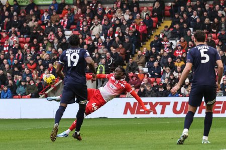 Photo for Devante Cole of Barnsley shoots on goal during the Sky Bet League 1 match Barnsley vs Leyton Orient at Oakwell, Barnsley, United Kingdom, 10th February 202 - Royalty Free Image