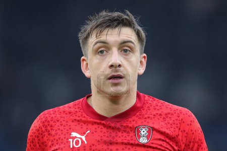 Photo for Jordan Hugill #10 of Rotherham United during the pre match warm up ahead of the Sky Bet Championship match Leeds United vs Rotherham United at Elland Road, Leeds, United Kingdom, 10th February 202 - Royalty Free Image