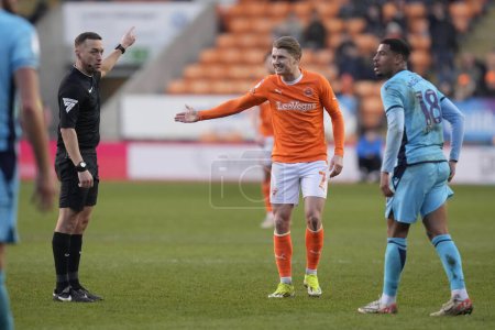 Photo for George Byers of Blackpool reacts to a decision made by Referee Paul Howard during the Sky Bet League 1 match Blackpool vs Oxford United at Bloomfield Road, Blackpool, United Kingdom, 10th February 202 - Royalty Free Image