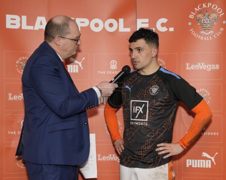 Photo for Albie Morgan of Blackpool, man of the match is interviewed after the Sky Bet League 1 match Blackpool vs Oxford United at Bloomfield Road, Blackpool, United Kingdom, 10th February 202 - Royalty Free Image
