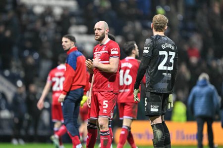 Photo for Matthew Clarke of Middlesbrough looks dejected at full time, during the Sky Bet Championship match Preston North End vs Middlesbrough at Deepdale, Preston, United Kingdom, 14th February 202 - Royalty Free Image