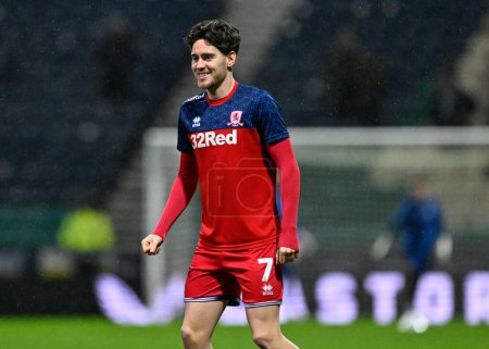 Photo for Hayden Hackney of Middlesbrough warms up ahead of the match, during the Sky Bet Championship match Preston North End vs Middlesbrough at Deepdale, Preston, United Kingdom, 14th February 202 - Royalty Free Image