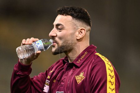 Photo for Jake Connor of Huddersfield Giants takes a drink as he arrives ahead of the Betfred Super League Round 1 match Leigh Leopards vs Huddersfield Giants at Leigh Sports Village, Leigh, United Kingdom, 16th February 202 - Royalty Free Image