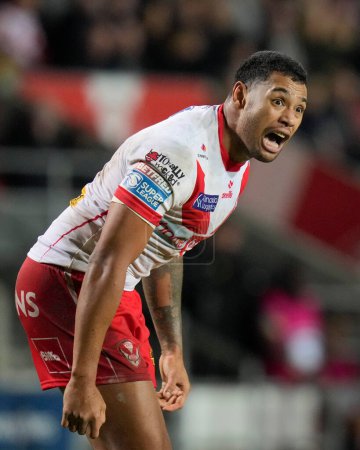 Photo for Waqa Blake of St. Helens shouts instructions during the Betfred Super League Round 1 match St Helens vs London Broncos at Totally Wicked Stadium, St Helens, United Kingdom, 16th February 202 - Royalty Free Image