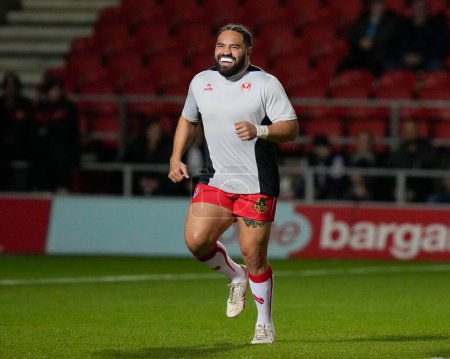 Photo for Konrad Hurrell of St. Helens warms up before the Betfred Super League Round 1 match St Helens vs London Broncos at Totally Wicked Stadium, St Helens, United Kingdom, 16th February 202 - Royalty Free Image