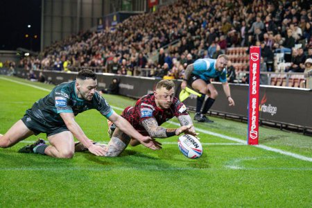 Photo for Josh Charnley of Leigh Leopards goes over for a try during the Betfred Super League Round 1 match Leigh Leopards vs Huddersfield Giants at Leigh Sports Village, Leigh, United Kingdom, 16th February 202 - Royalty Free Image