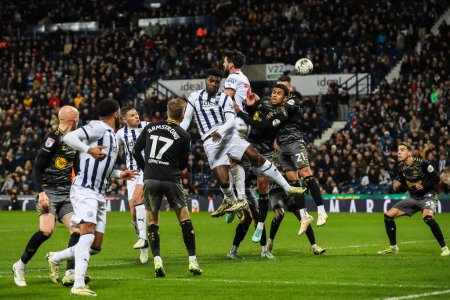 Photo for Okay Yokulu of West Bromwich Albion heads the ball goalwards during the Sky Bet Championship match West Bromwich Albion vs Southampton at The Hawthorns, West Bromwich, United Kingdom, 16th February 2024 - Royalty Free Image